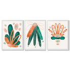 Abstract Green Orange Floral Set of 3 Framed Art Prints with White Wooden Frames