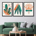 Abstract Green Orange Floral Set of 3 Art Prints in Luxury Frames | Artze UK