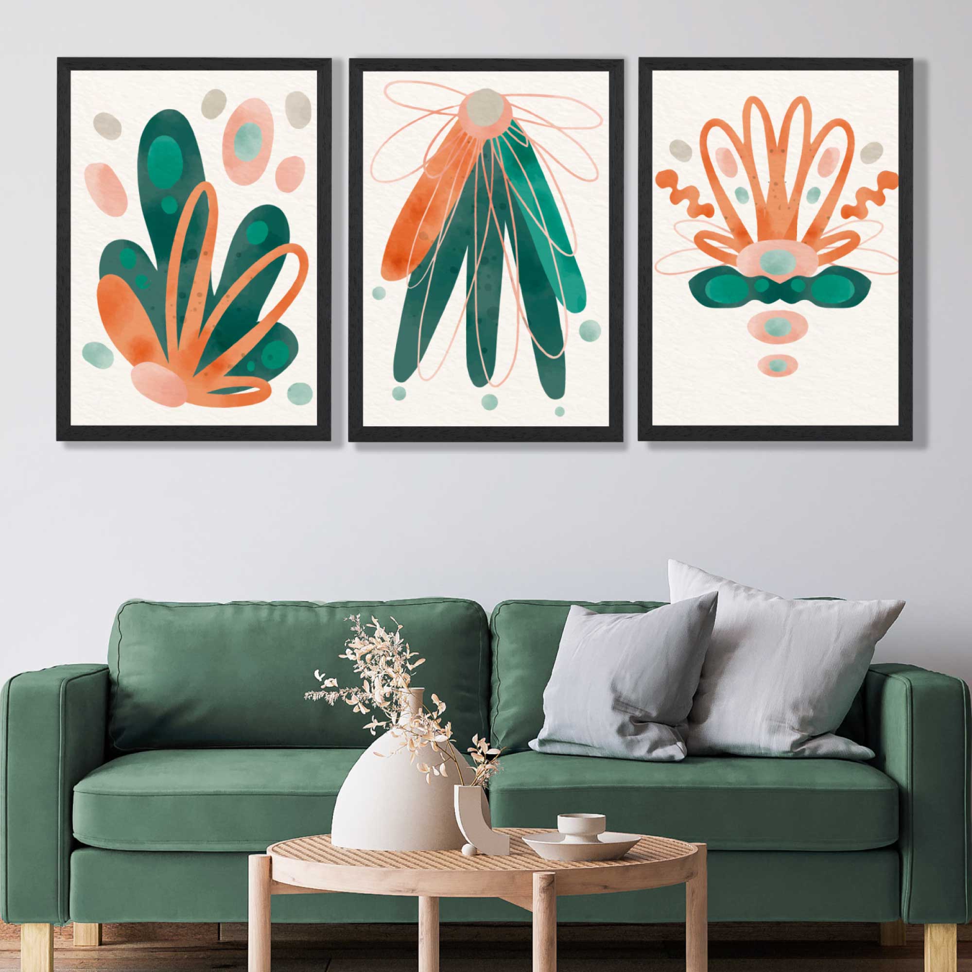 Abstract Green Orange Floral Set of 3 Art Prints in Luxury Frames | Artze UK