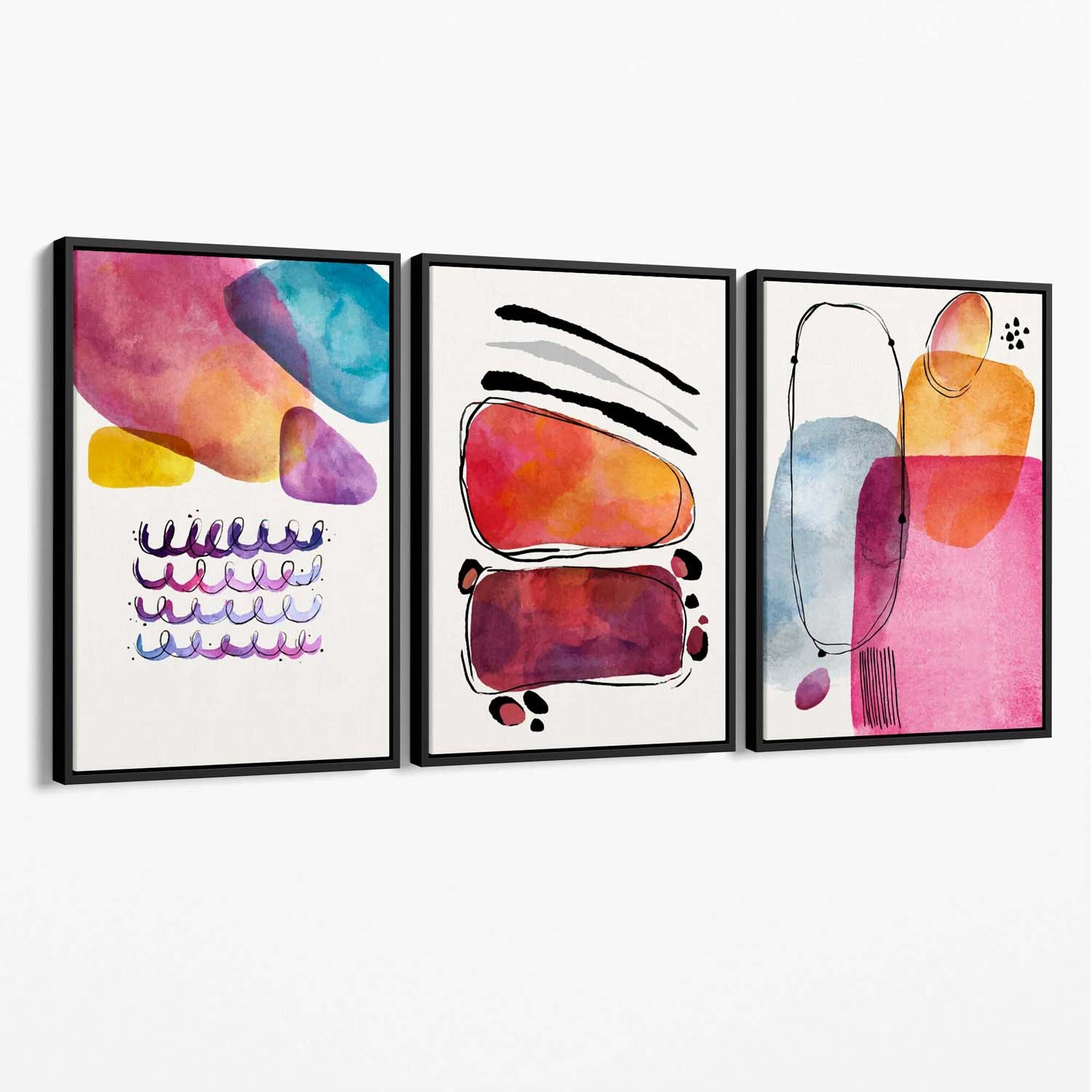 Abstract Shapes Pink Purple Set of 3 Canvas Art Prints with Black Float Frame