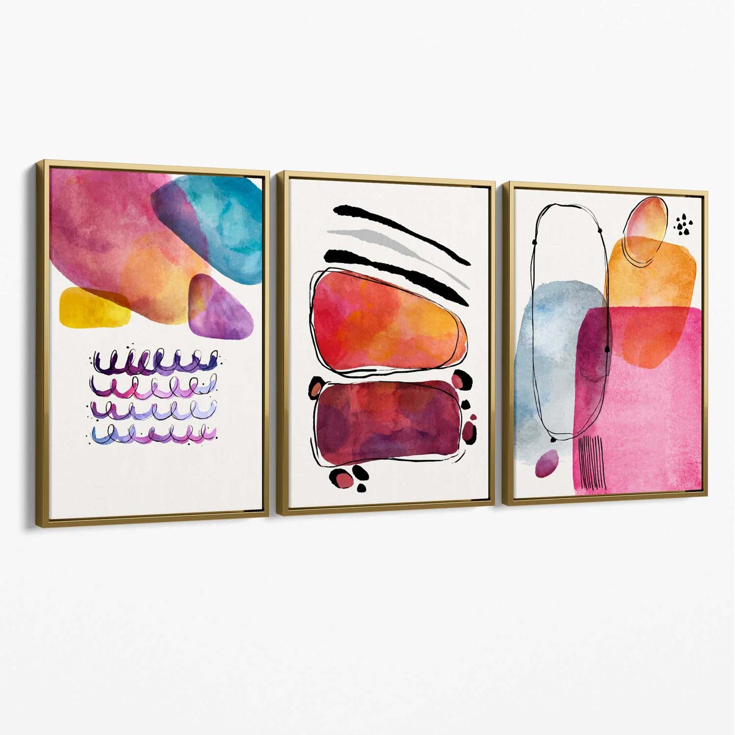 Abstract Shapes Pink Purple Set of 3 Canvas Art Prints with Gold Float Frame