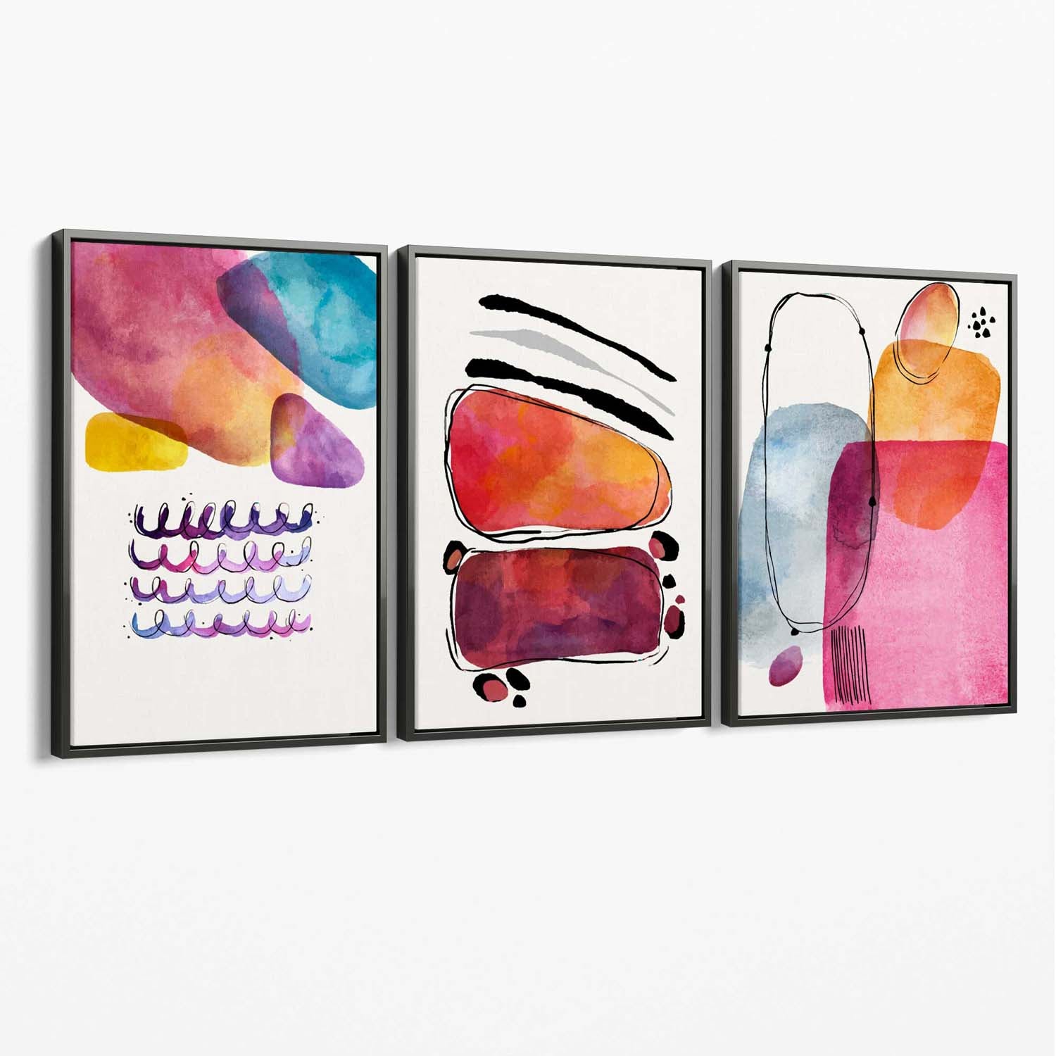 Abstract Shapes Pink Purple Set of 3 Canvas Art Prints with Grey Float Frame
