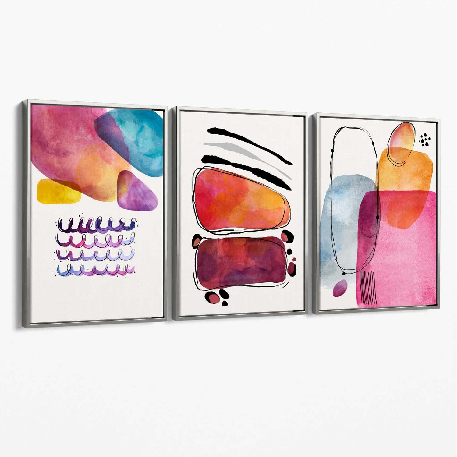Abstract Shapes Pink Purple Set of 3 Canvas Art Prints with Silver Float Frame
