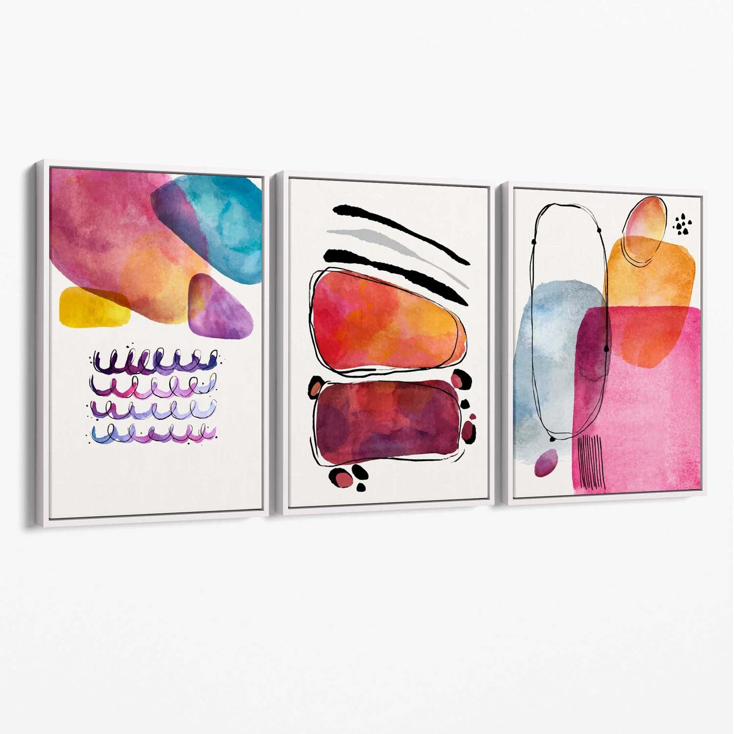 Abstract Shapes Pink Purple Set of 3 Canvas Art Prints with White Float Frame