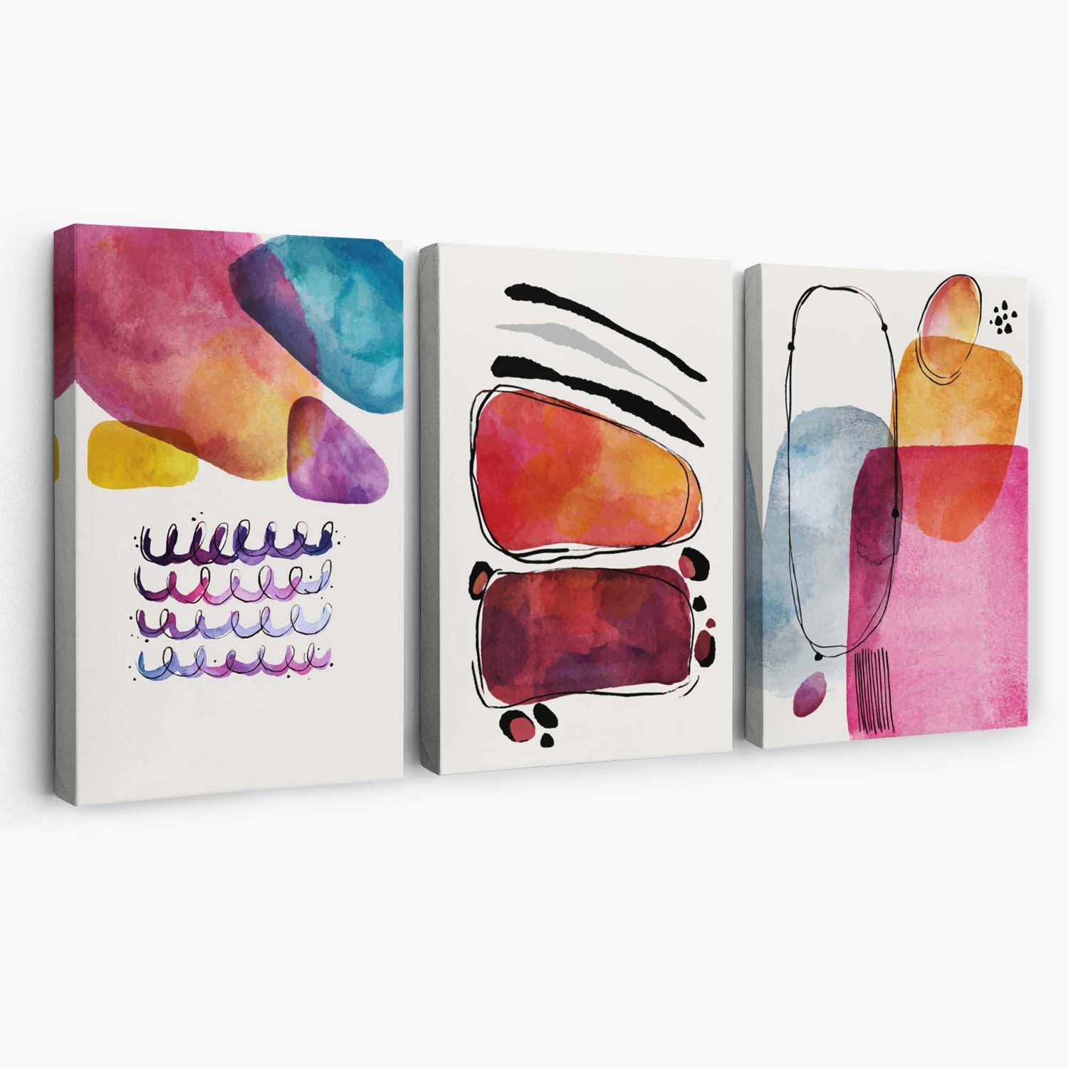 Abstract Shapes Pink Purple Set of 3 Canvas Art Prints | Artze Wall Art