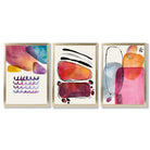 Abstract Shapes Pink Purple Set of 3 Framed Art Prints with Gold Wood Frames