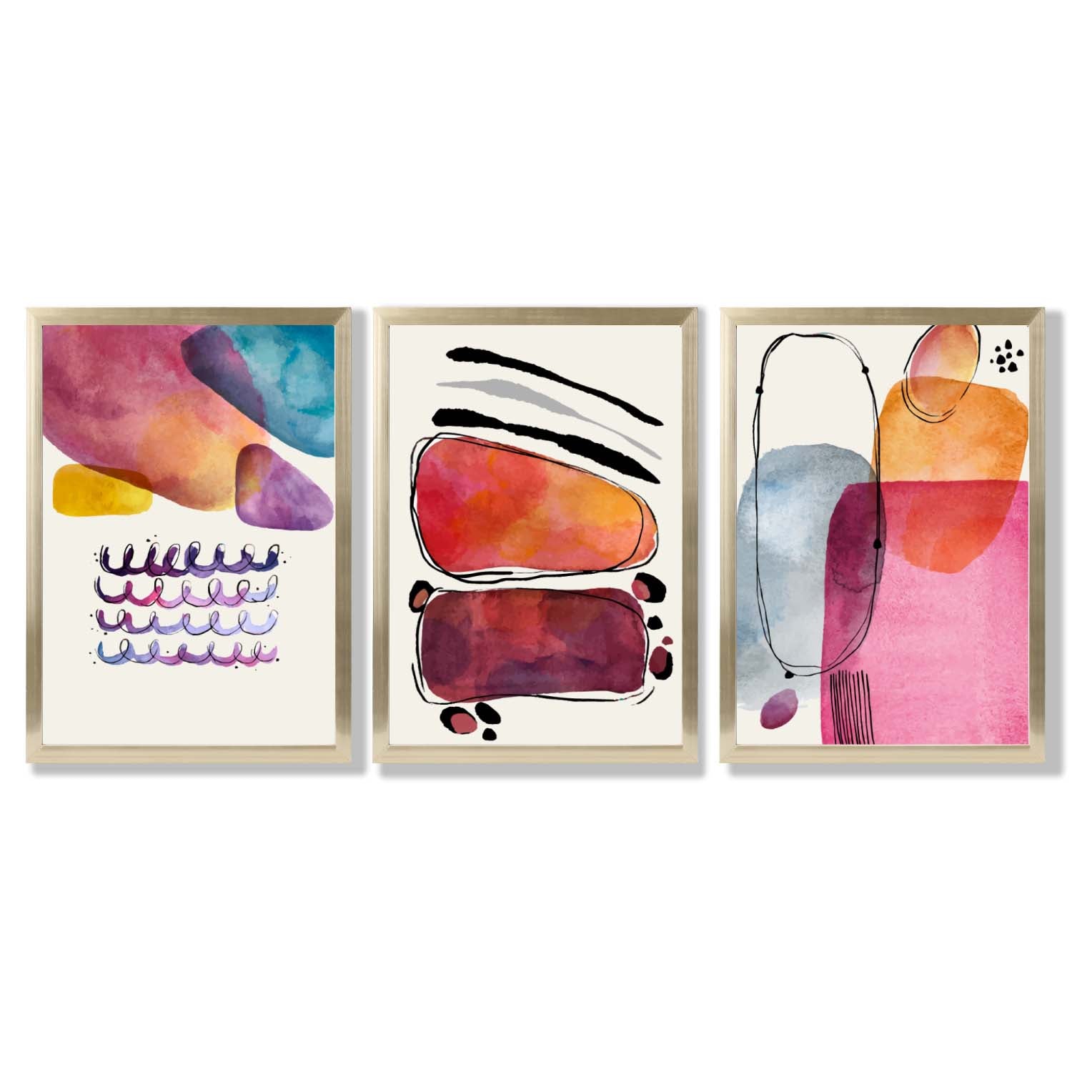 Abstract Shapes Pink Purple Set of 3 Framed Art Prints with Gold Wood Frames