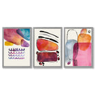 Abstract Shapes Pink Purple Set of 3 Framed Art Prints with Light Grey Wooden Frames