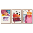 Abstract Shapes Pink Purple Set of 3 Framed Art Prints with Light Oak Frames