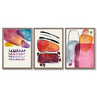 Abstract Shapes Pink Purple Set of 3 Framed Art Prints with Light Walnut Frames