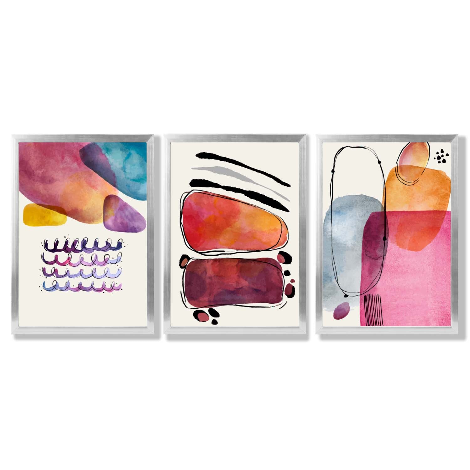 Abstract Shapes Pink Purple Set of 3 Framed Art Prints with Silver Wood Frames