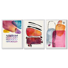 Abstract Shapes Pink Purple Set of 3 Framed Art Prints with White Wooden Frames