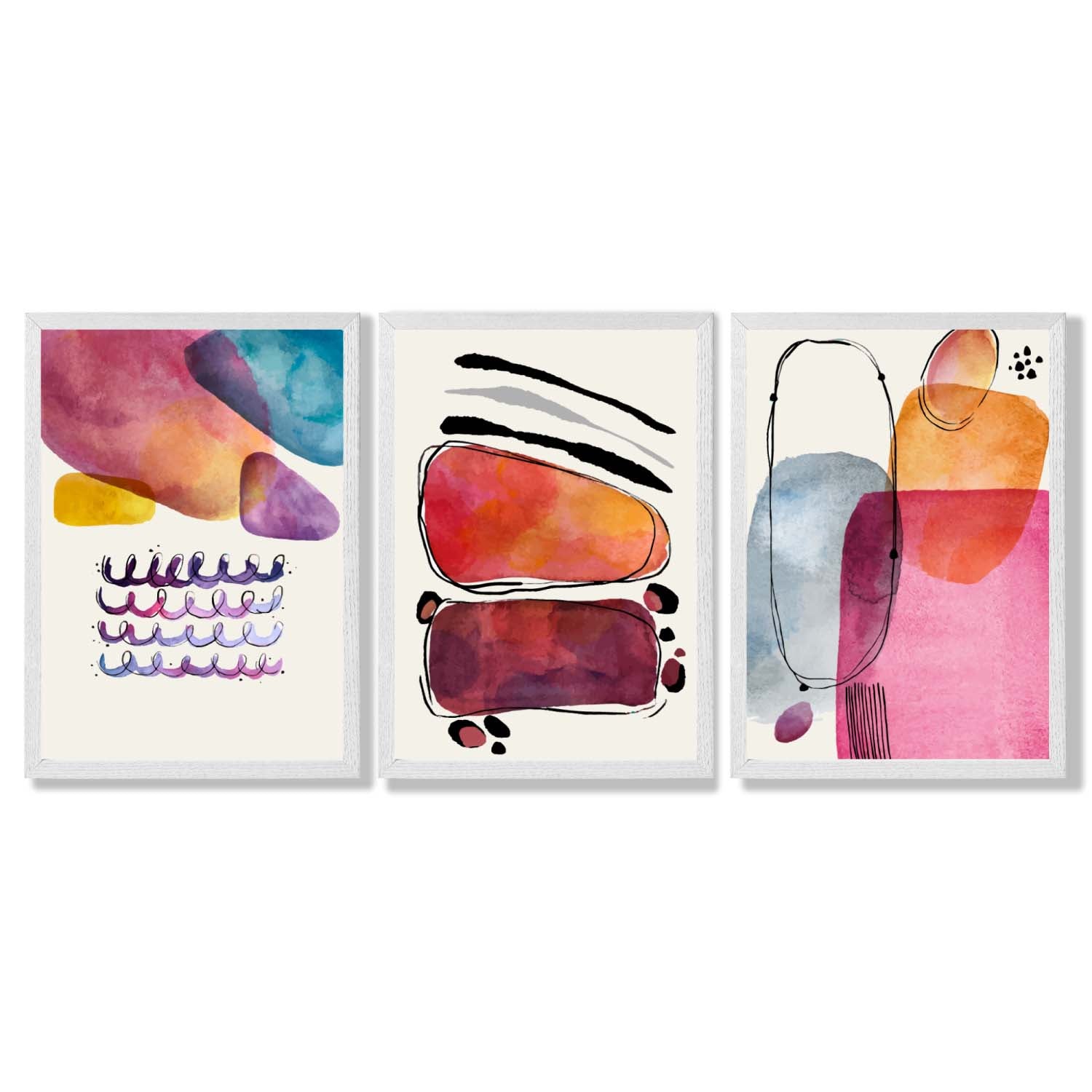 Abstract Shapes Pink Purple Set of 3 Framed Art Prints with White Wooden Frames