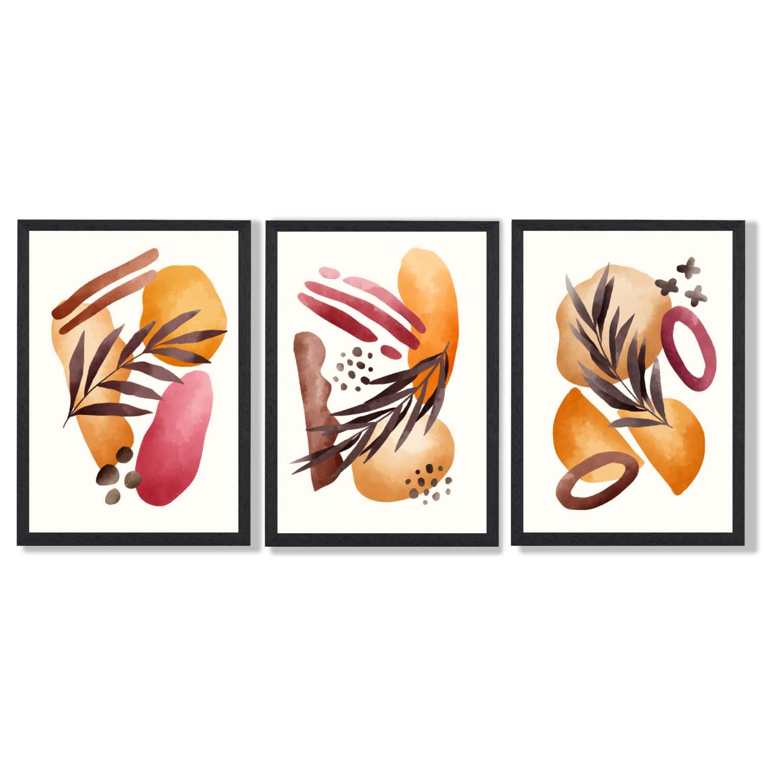 Abstract Autumn Tropical Set of 3 Framed Art Prints with Black Wooden Frames