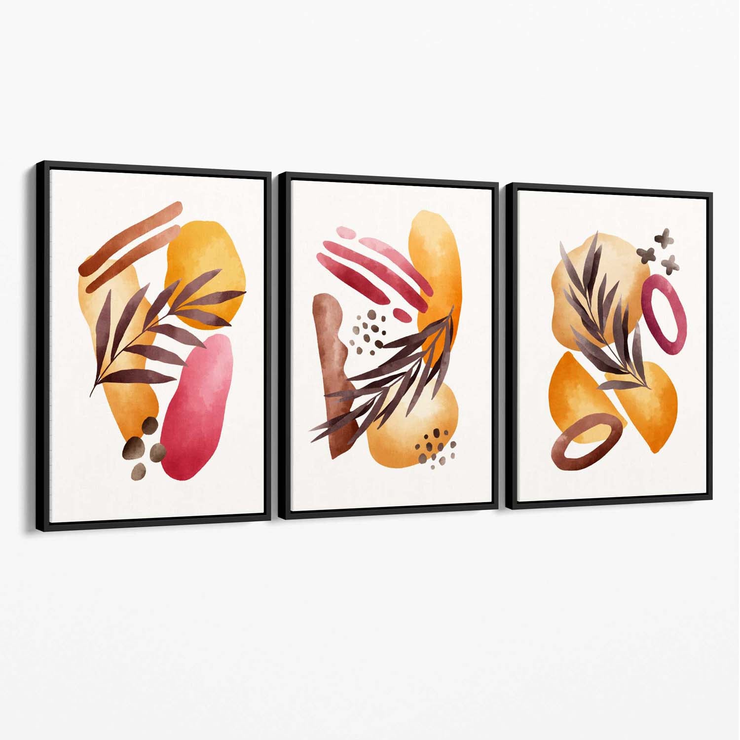 Abstract Autumn Tropical Set of 3 Canvas Art Prints with Black Float Frame