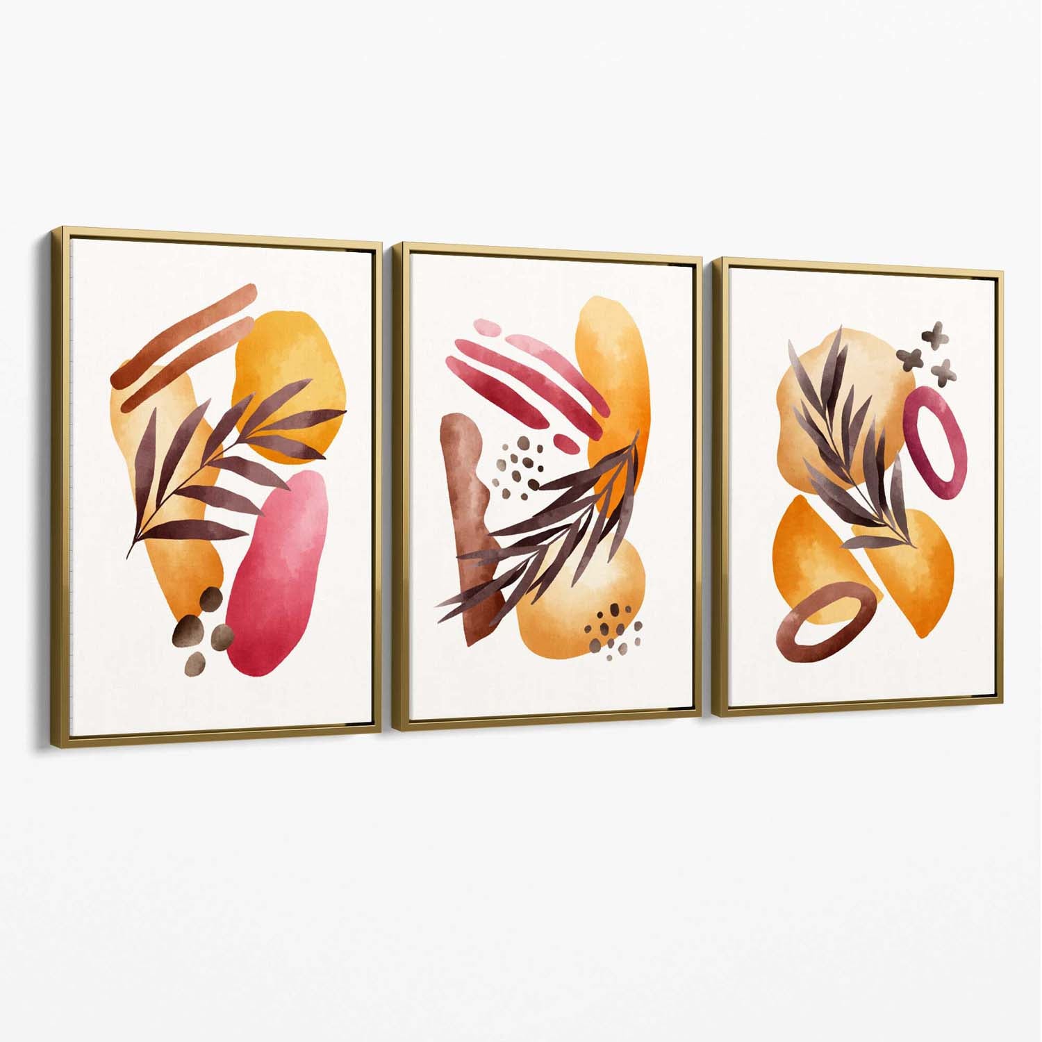Abstract Autumn Tropical Set of 3 Canvas Art Prints with Gold Float Frame