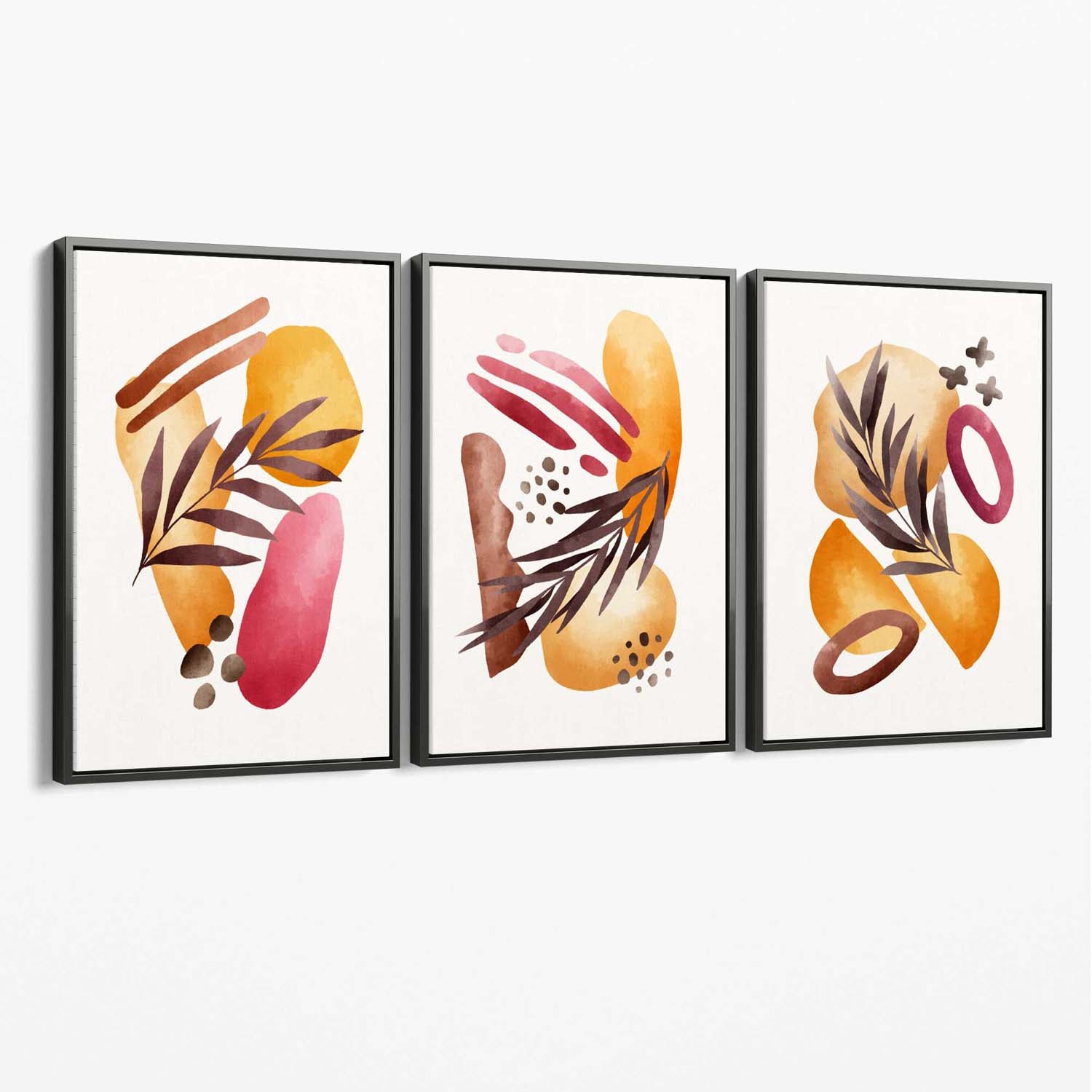 Abstract Autumn Tropical Set of 3 Canvas Art Prints with Grey Float Frame