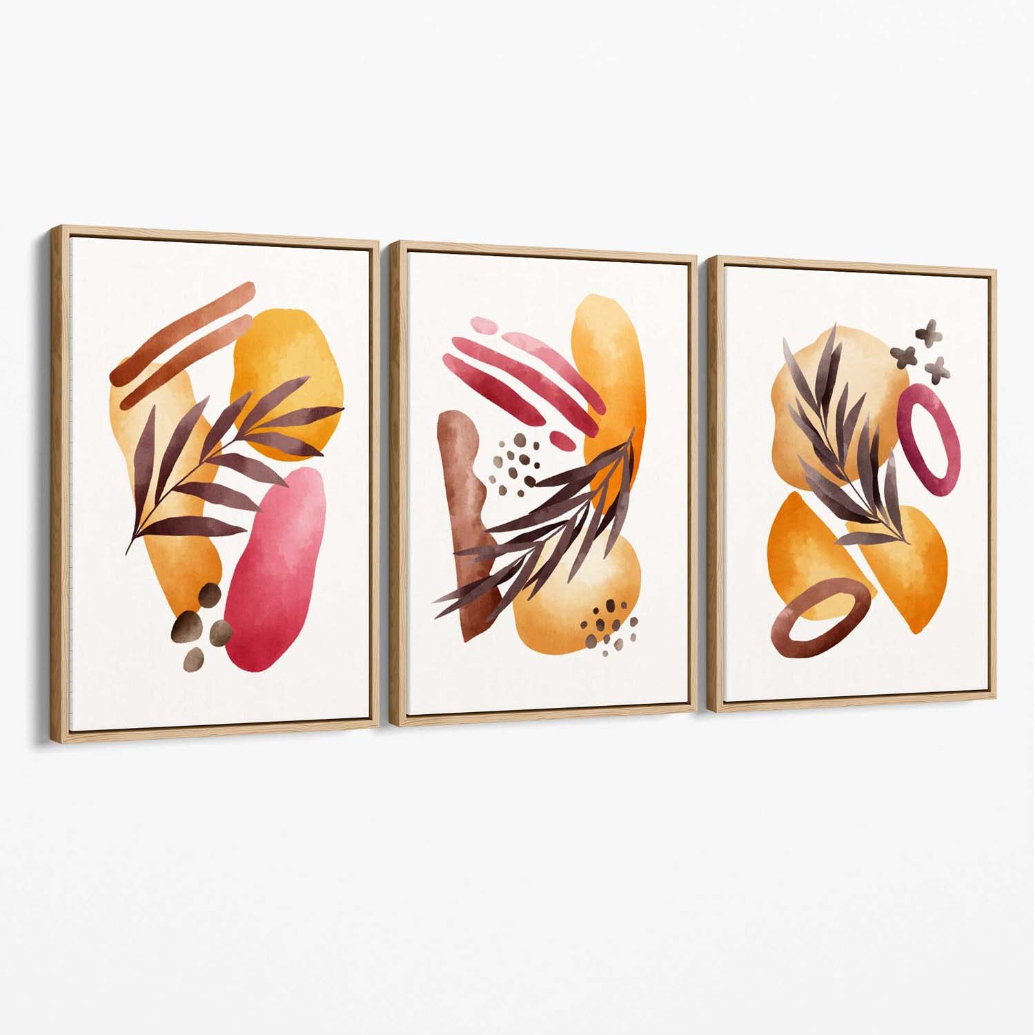 Abstract Autumn Tropical Set of 3 Canvas Art Prints with Oak Float Frame