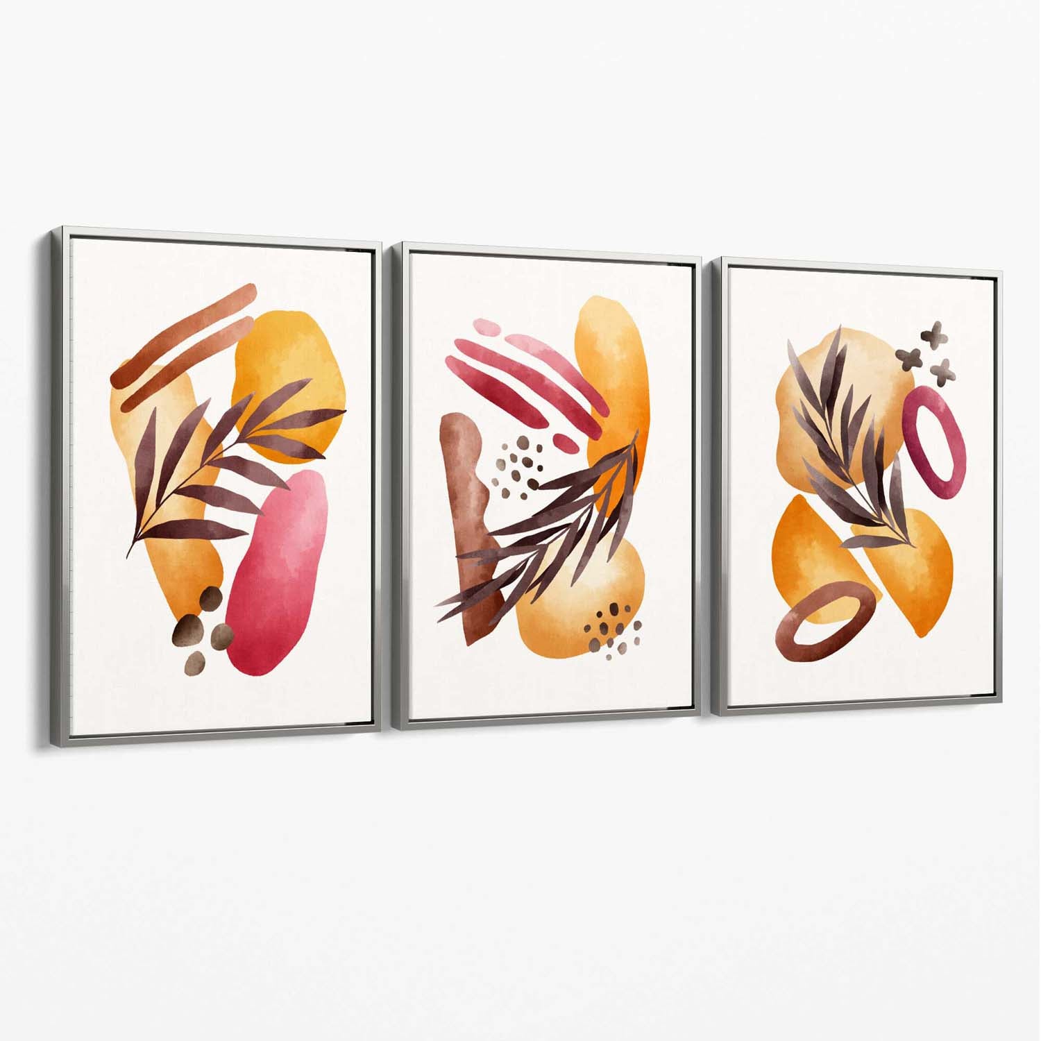 Abstract Autumn Tropical Set of 3 Canvas Art Prints with Silver Float Frame