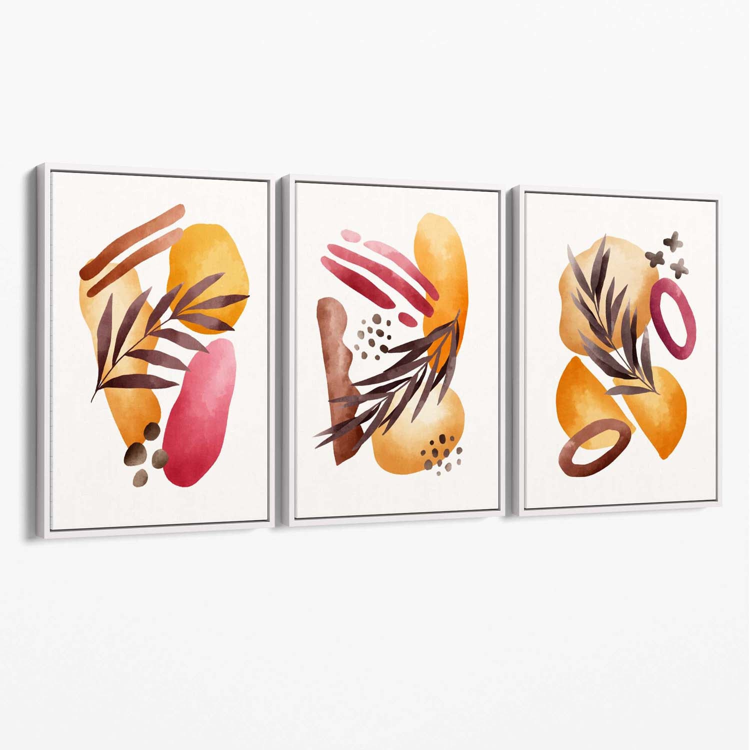 Abstract Autumn Tropical Set of 3 Canvas Art Prints with White Float Frame