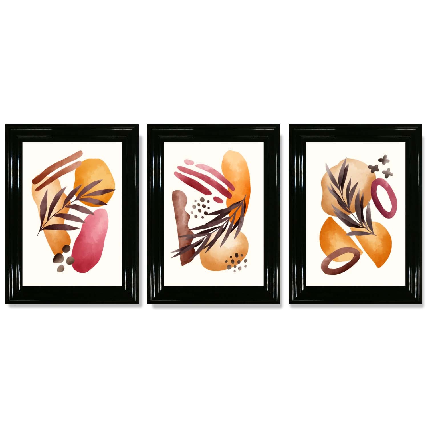Abstract Autumn Tropical Set of 3 Framed Art Prints with Glossy Black Frames