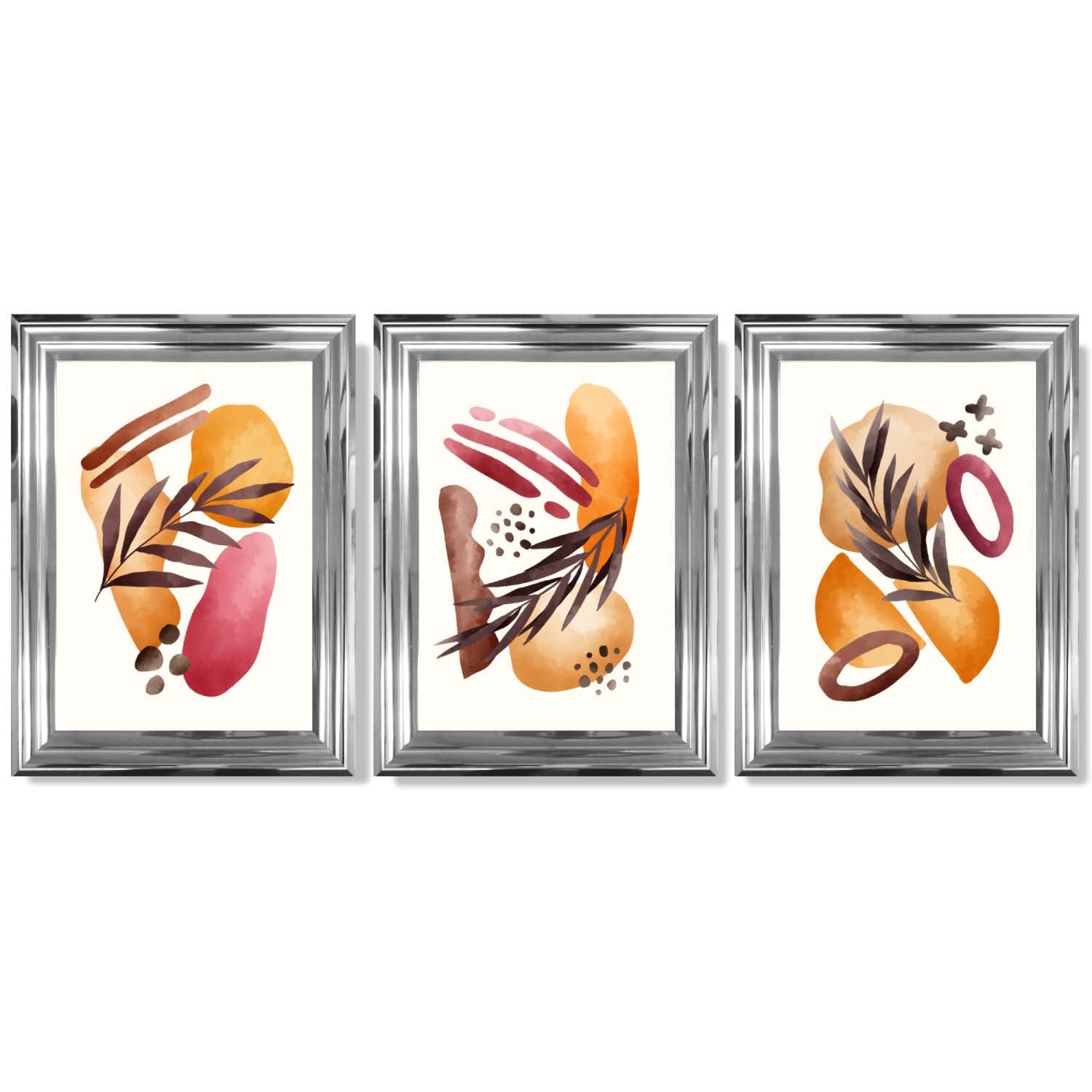 Abstract Autumn Tropical Set of 3 Framed Art Prints with Glossy Chrome Frames