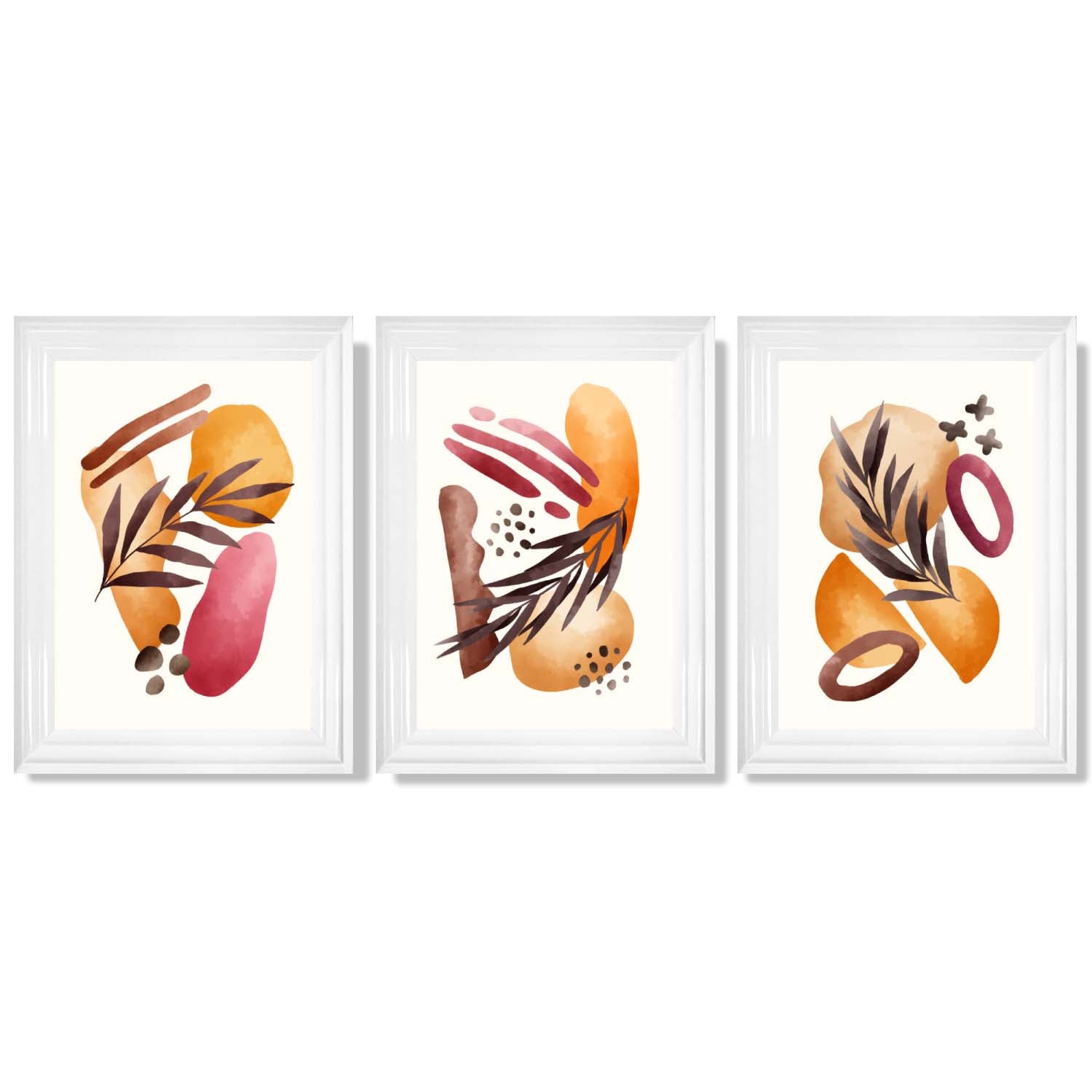 Abstract Autumn Tropical Set of 3 Framed Art Prints with Glossy White Frames