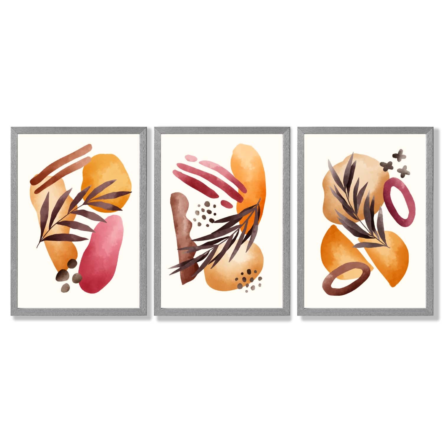 Abstract Autumn Tropical Set of 3 Framed Art Prints with Light Grey Wooden Frames