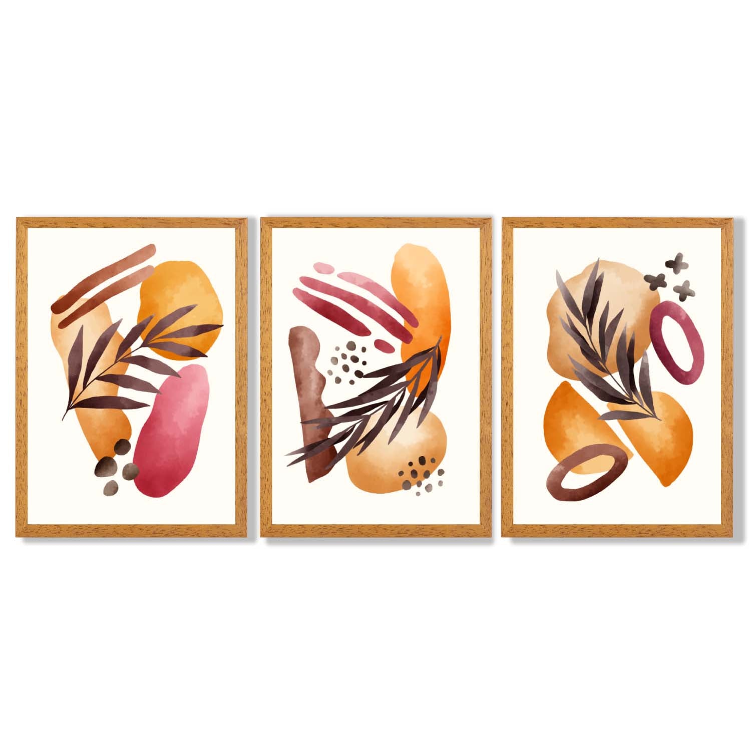 Abstract Autumn Tropical Set of 3 Framed Art Prints with Oak Wooden Frames