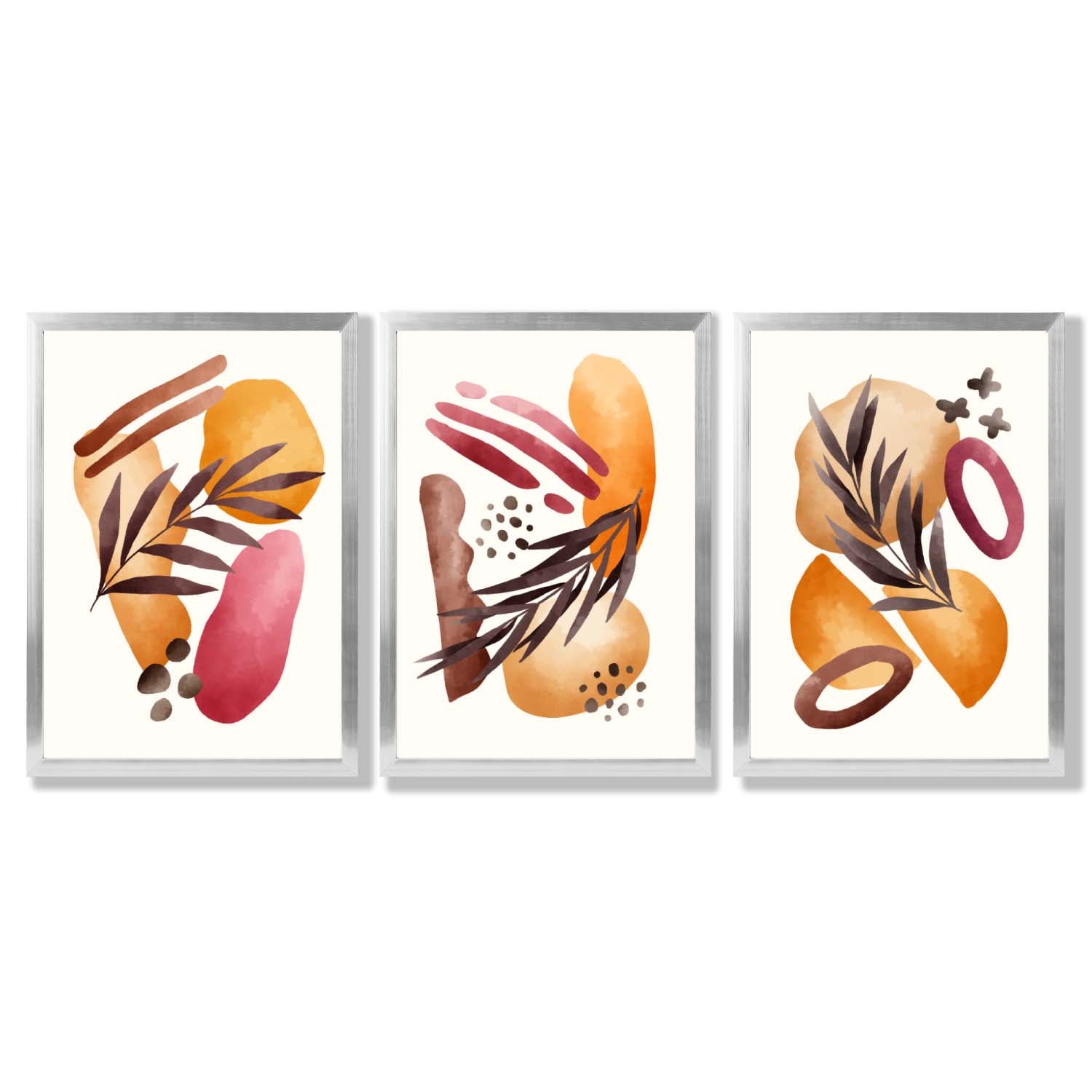 Abstract Autumn Tropical Set of 3 Framed Art Prints with Silver Wood Frames