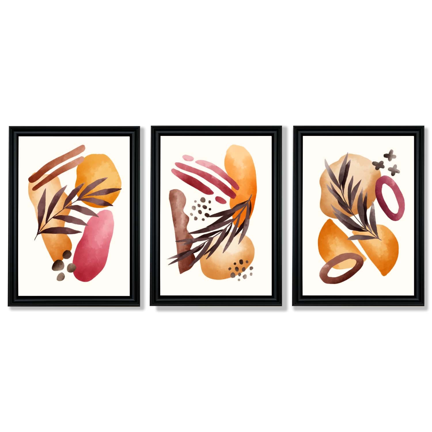 Abstract Autumn Tropical Set of 3 Framed Art Prints with Vermeer Black Frames
