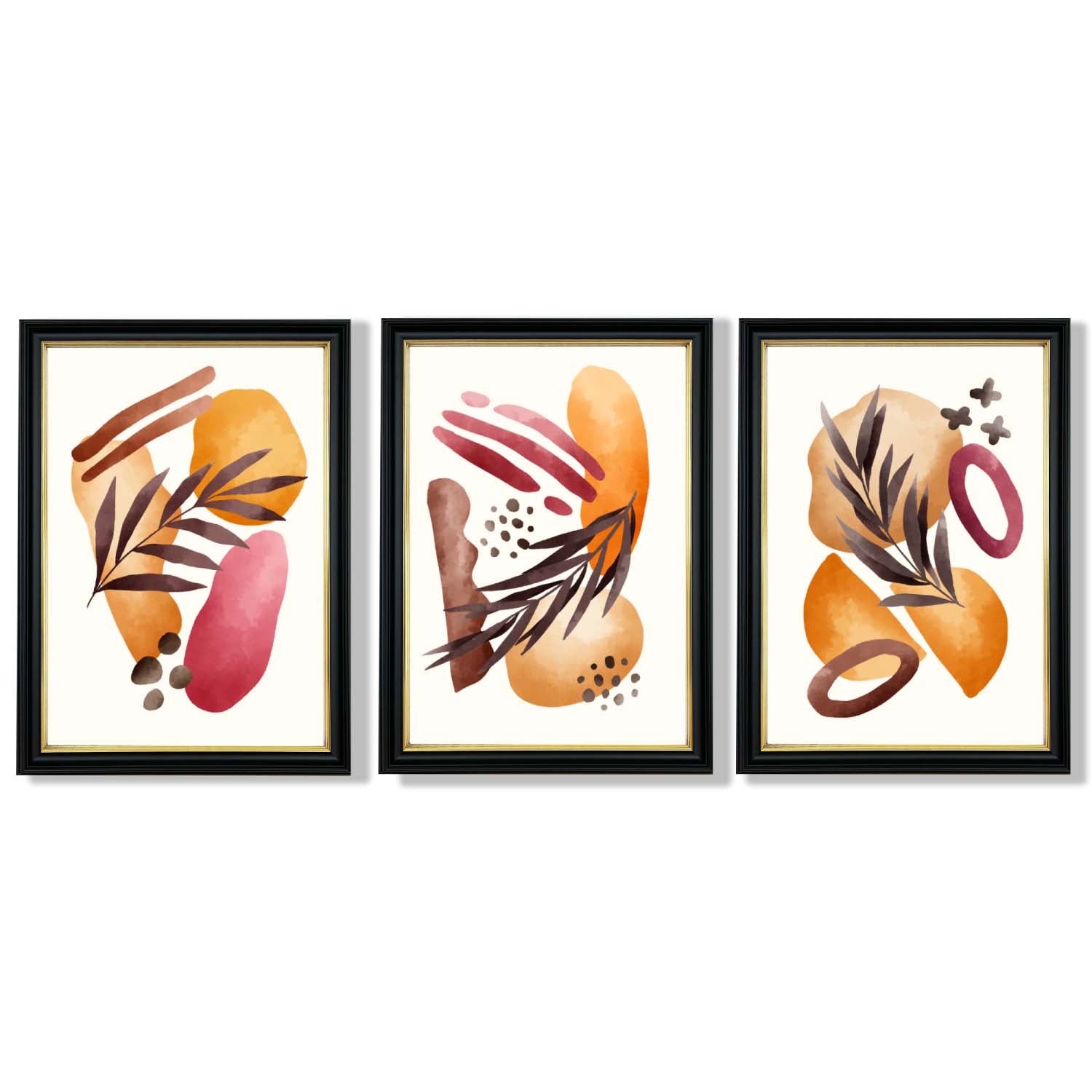 Abstract Autumn Tropical Set of 3 Framed Art Prints with Vermeer Black and Gold Frames