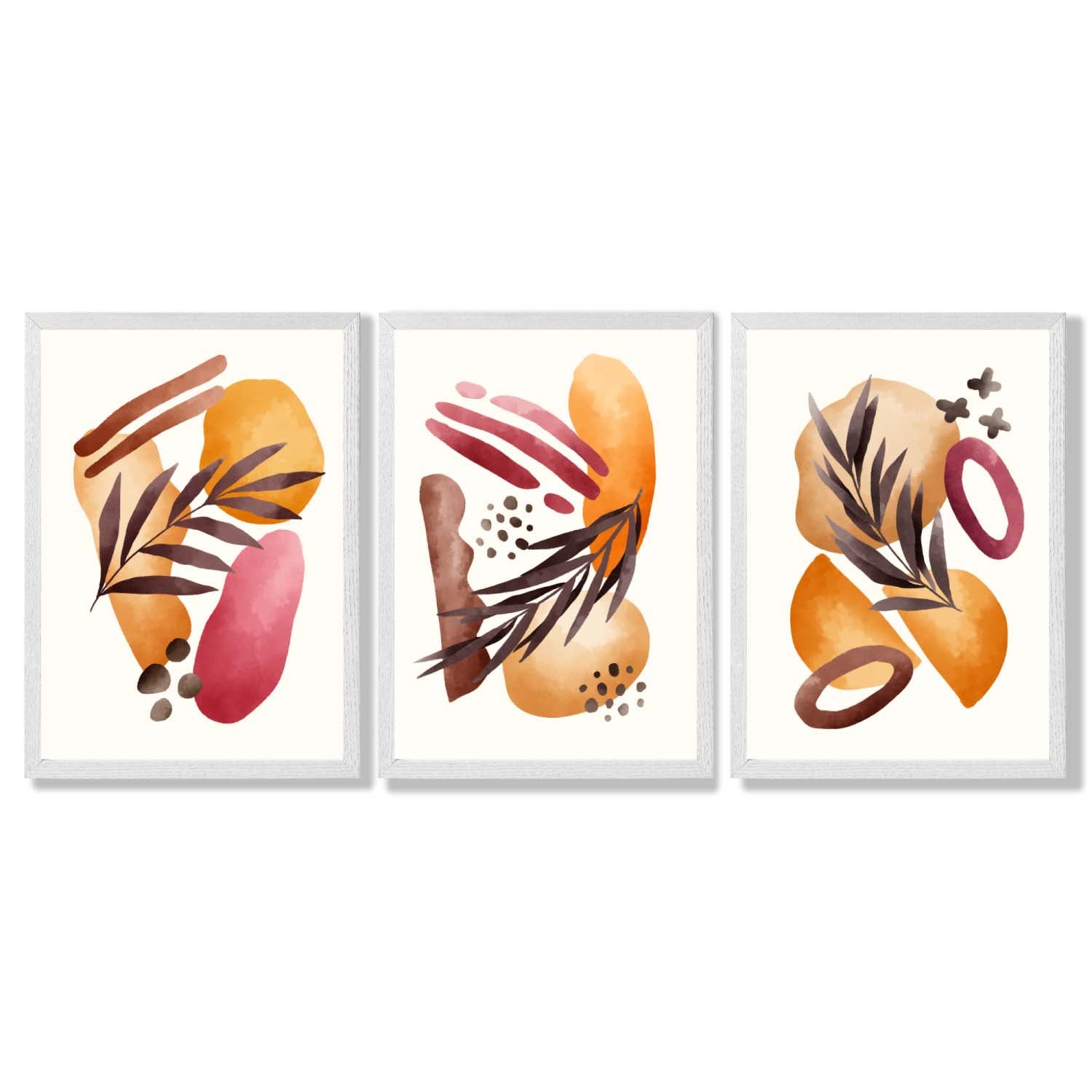 Abstract Autumn Tropical Set of 3 Framed Art Prints with White Wooden Frames