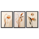 Art Deco Beige Orange Floral Set of 3 Framed Art Prints with Black Wooden Frames