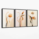 Art Deco Beige Orange Floral Set of 3 Canvas Art Prints with Black Float Frame