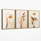 Art Deco Beige Orange Floral Set of 3 Canvas Art Prints with Gold Float Frame