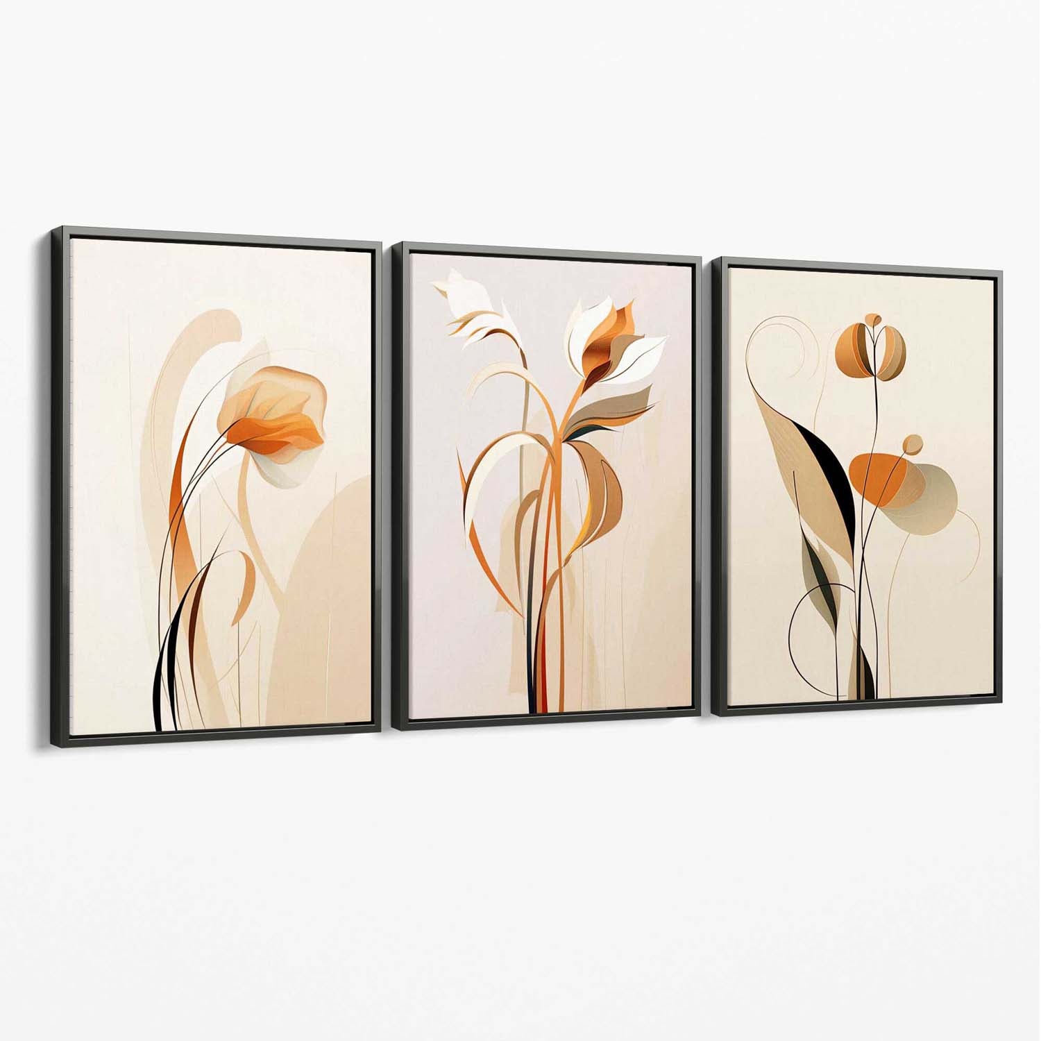 Art Deco Beige Orange Floral Set of 3 Canvas Art Prints with Grey Float Frame
