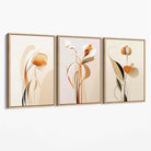 Art Deco Beige Orange Floral Set of 3 Canvas Art Prints with Oak Float Frame