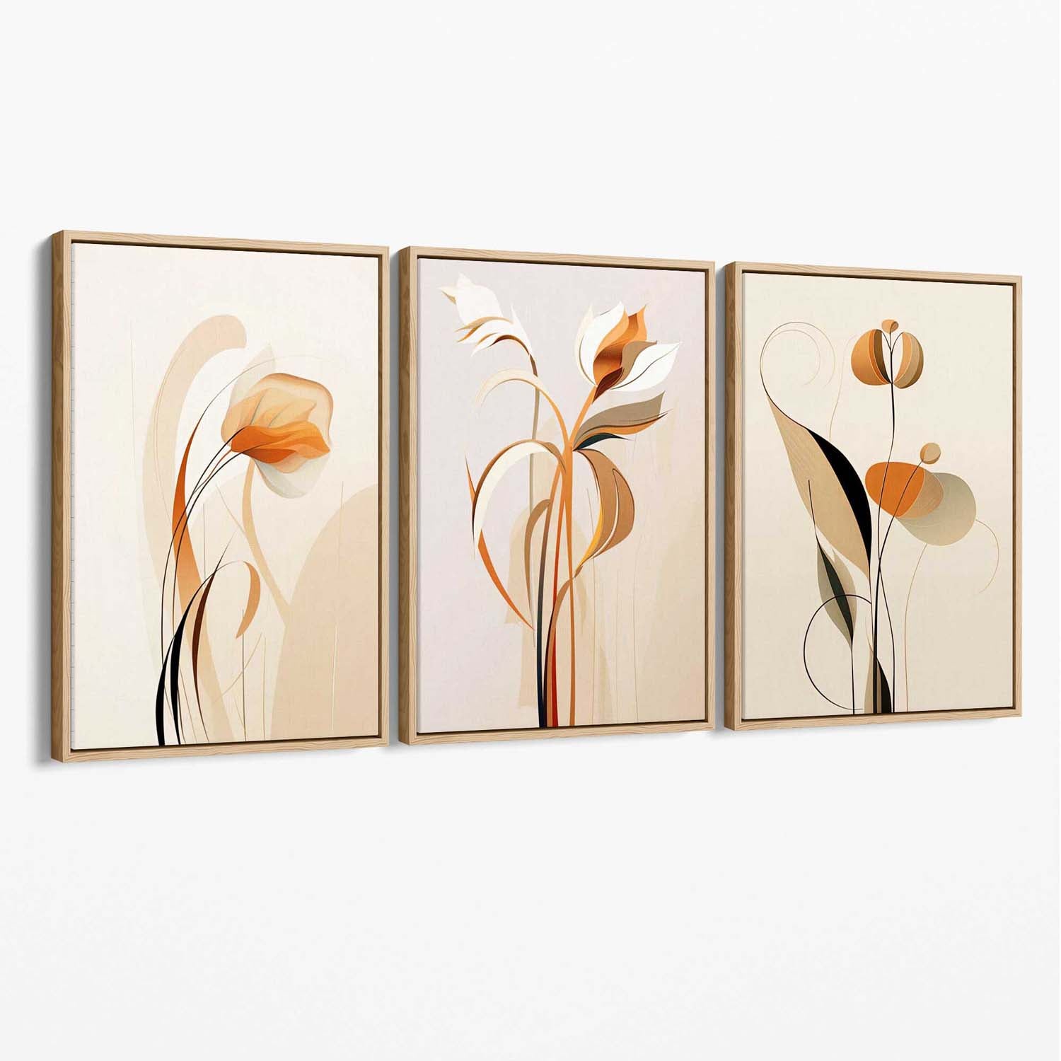 Art Deco Beige Orange Floral Set of 3 Canvas Art Prints with Oak Float Frame
