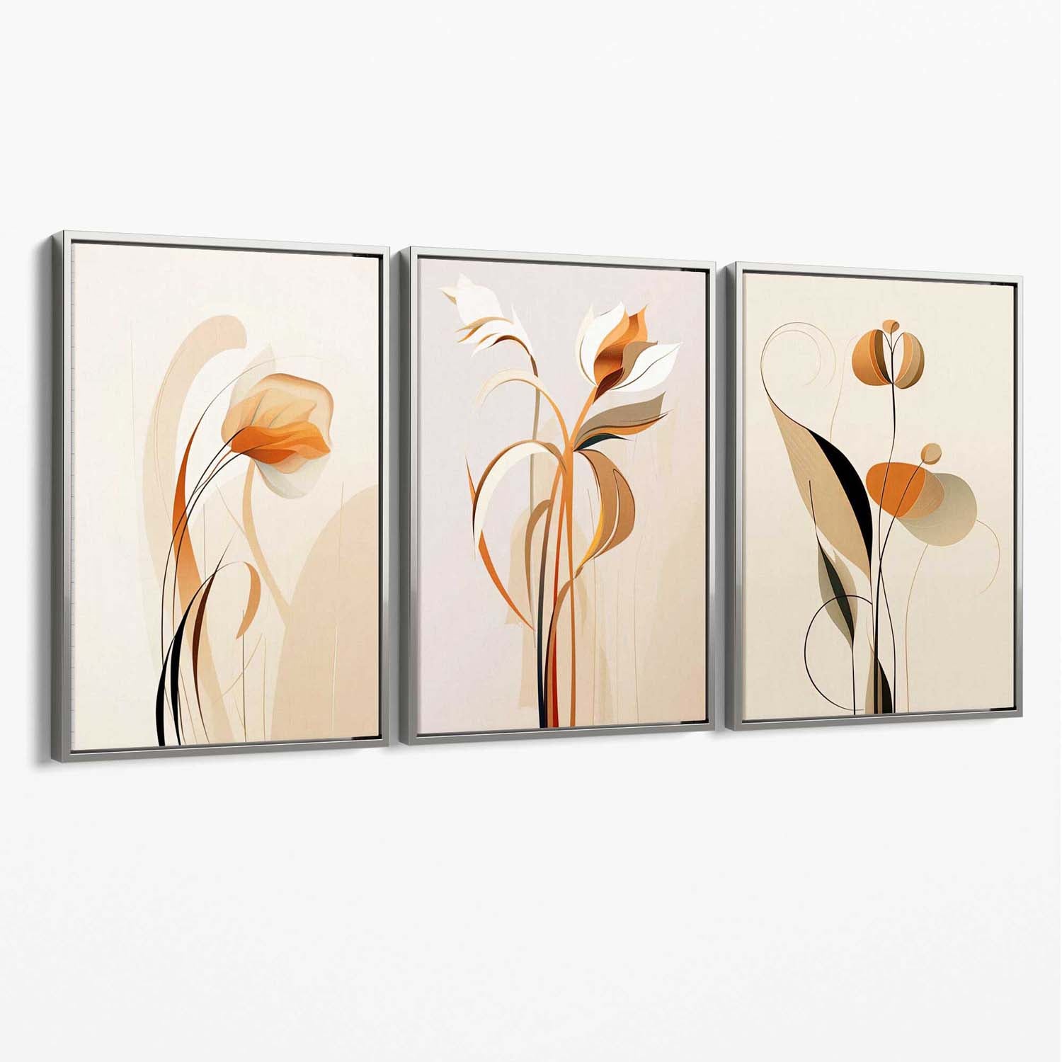 Art Deco Beige Orange Floral Set of 3 Canvas Art Prints with Silver Float Frame