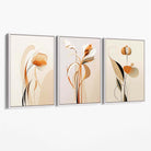 Art Deco Beige Orange Floral Set of 3 Canvas Art Prints with White Float Frame