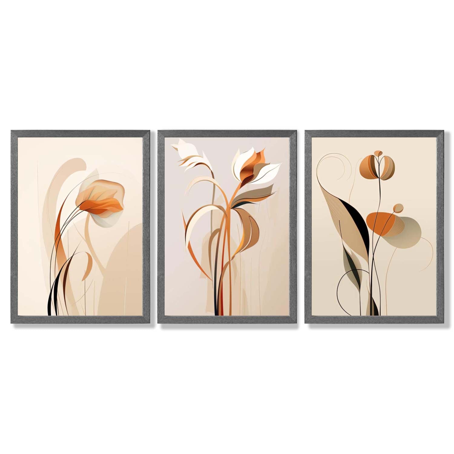 Art Deco Beige Orange Floral Set of 3 Framed Art Prints with Dark Grey Wooden Frames