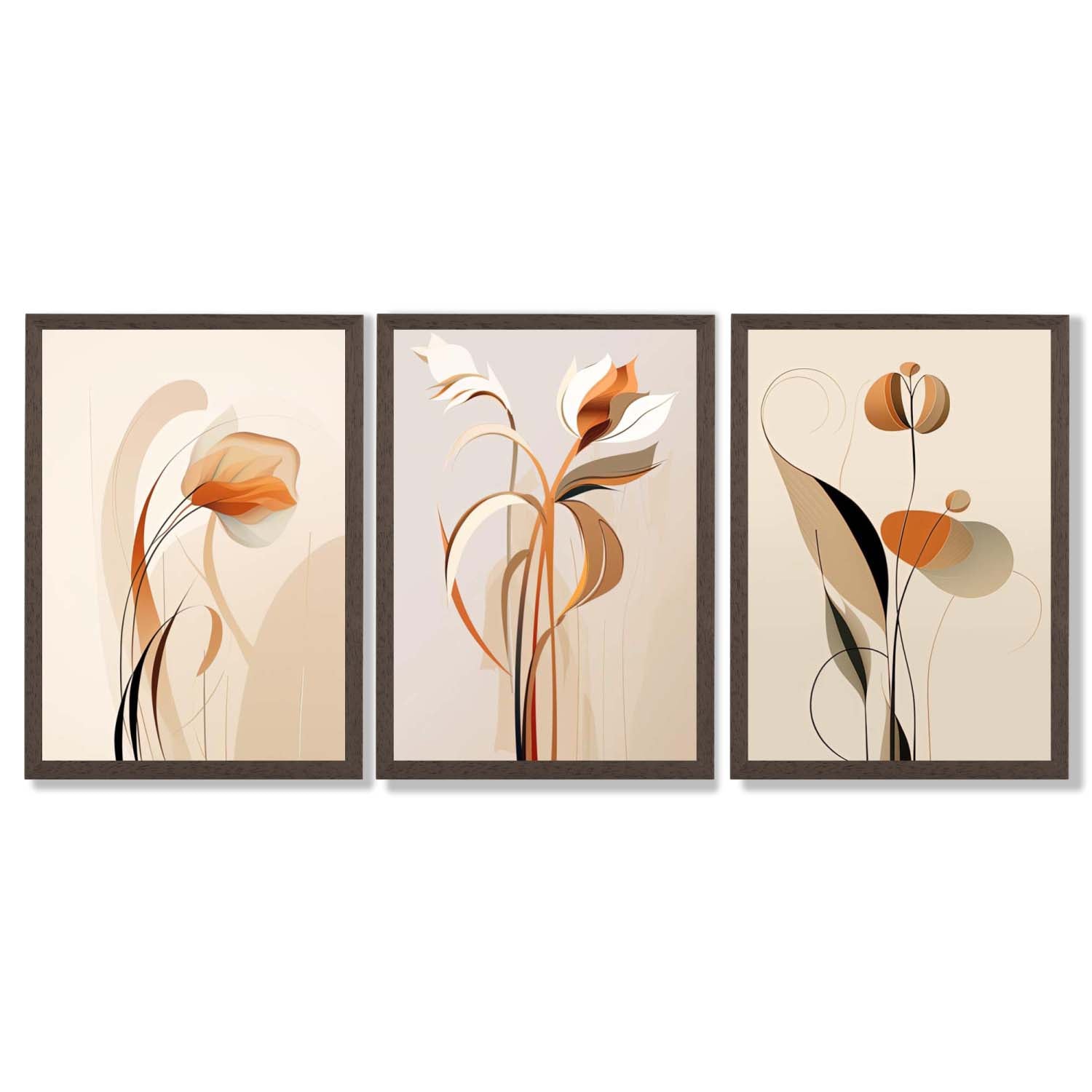 Art Deco Beige Orange Floral Set of 3 Framed Art Prints with Dark Wood Frames