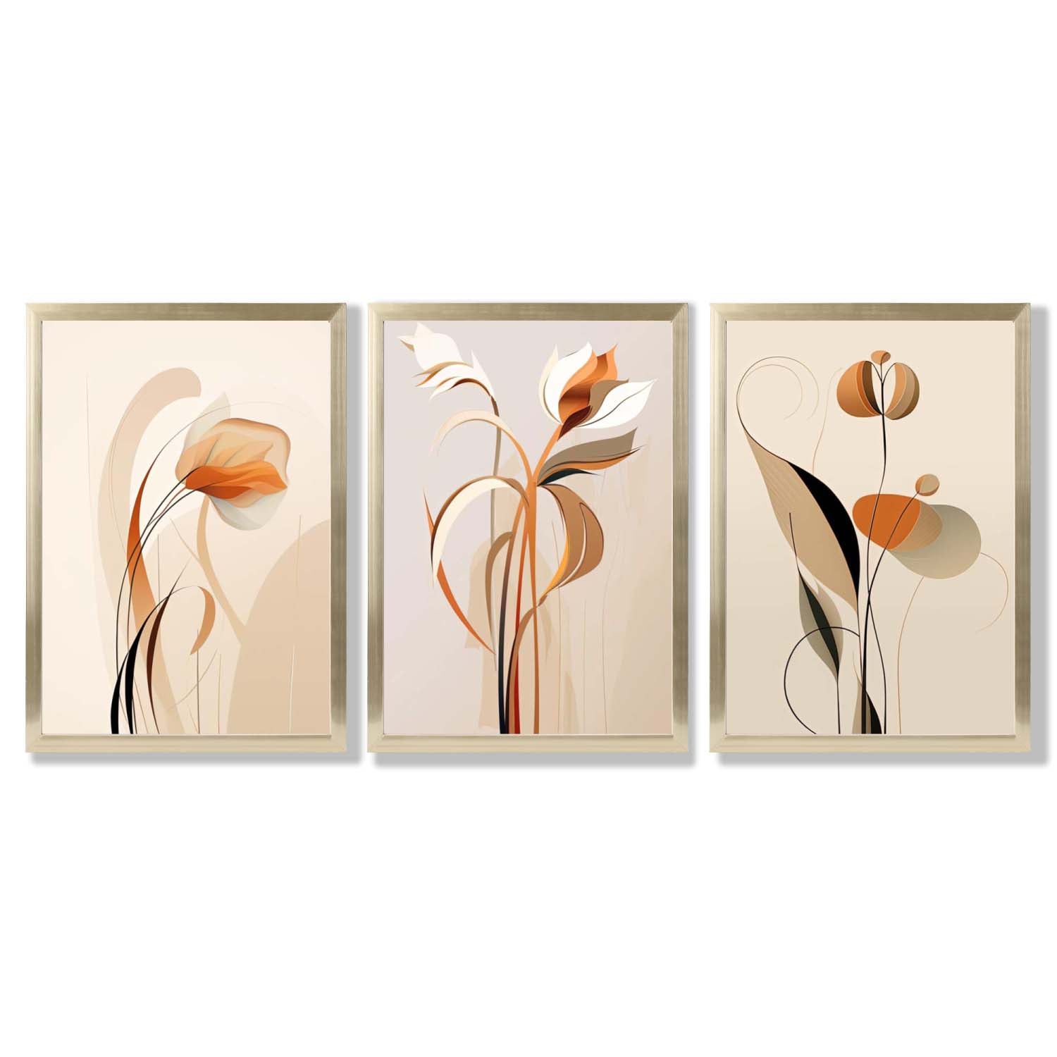 Art Deco Beige Orange Floral Set of 3 Framed Art Prints with Gold Wood Frames