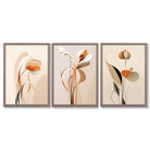 Art Deco Beige Orange Floral Set of 3 Framed Art Prints with Light Walnut Frames