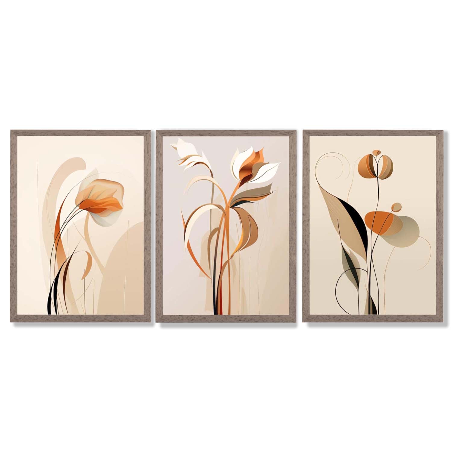Art Deco Beige Orange Floral Set of 3 Framed Art Prints with Light Walnut Frames