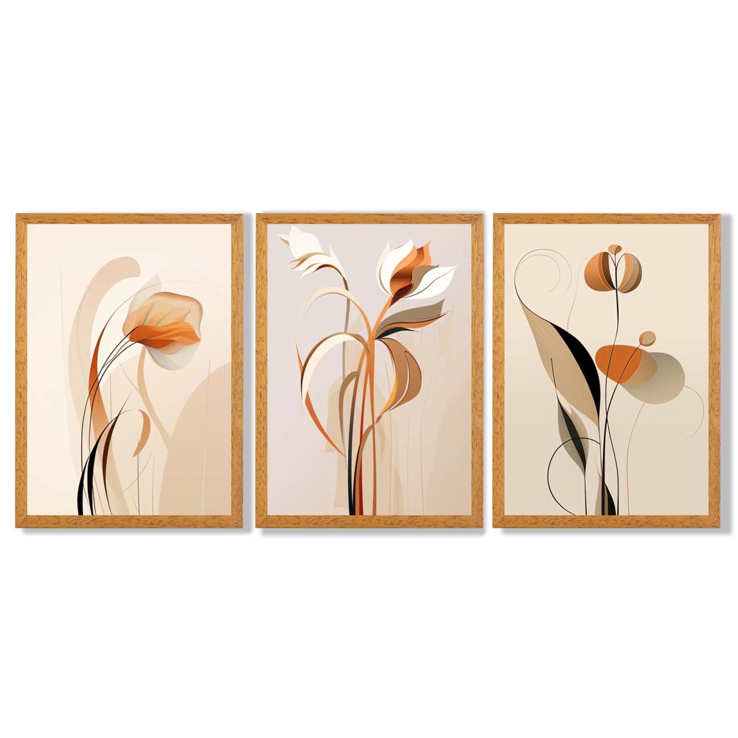 Art Deco Beige Orange Floral Set of 3 Framed Art Prints with Oak Wooden Frames
