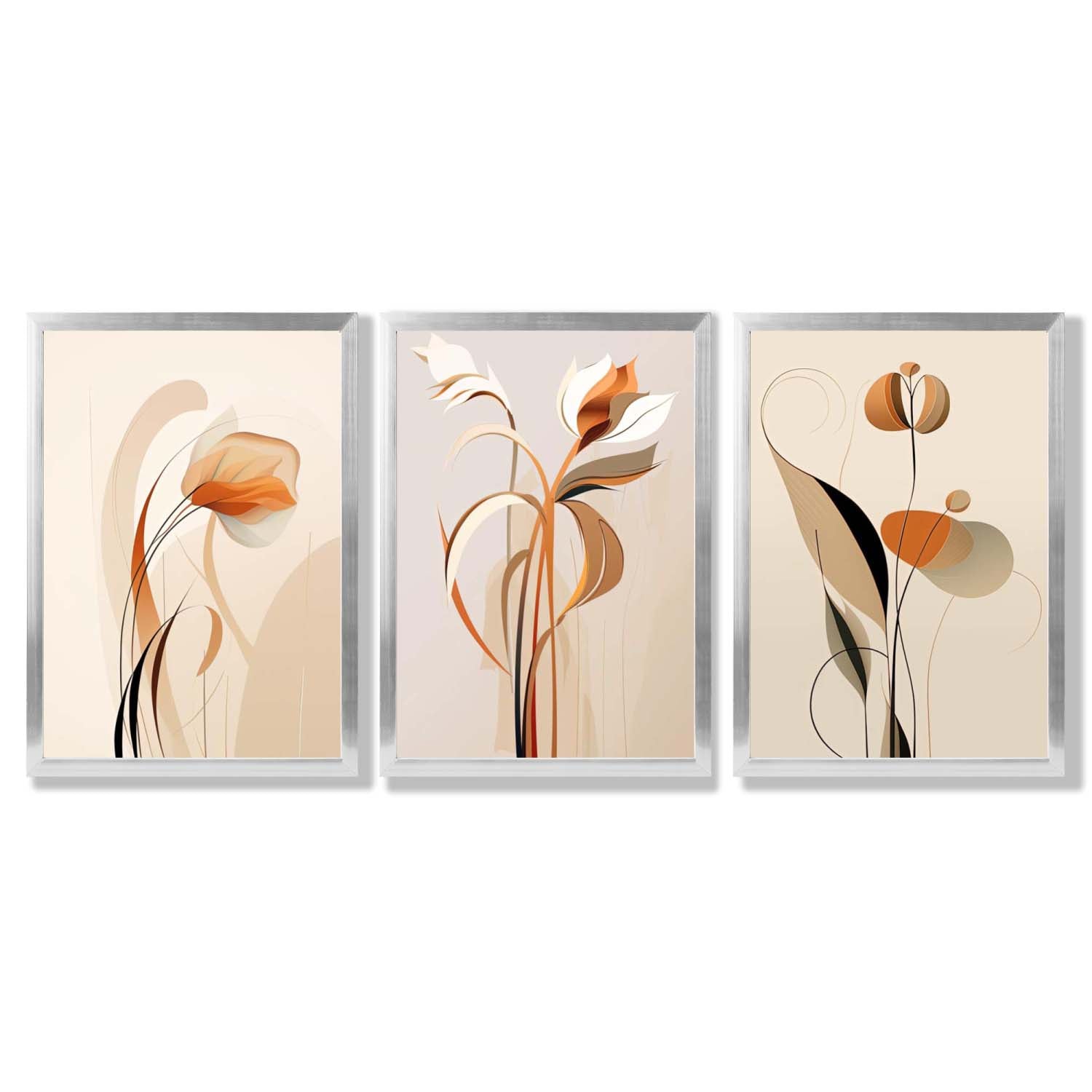 Art Deco Beige Orange Floral Set of 3 Framed Art Prints with Silver Wood Frames