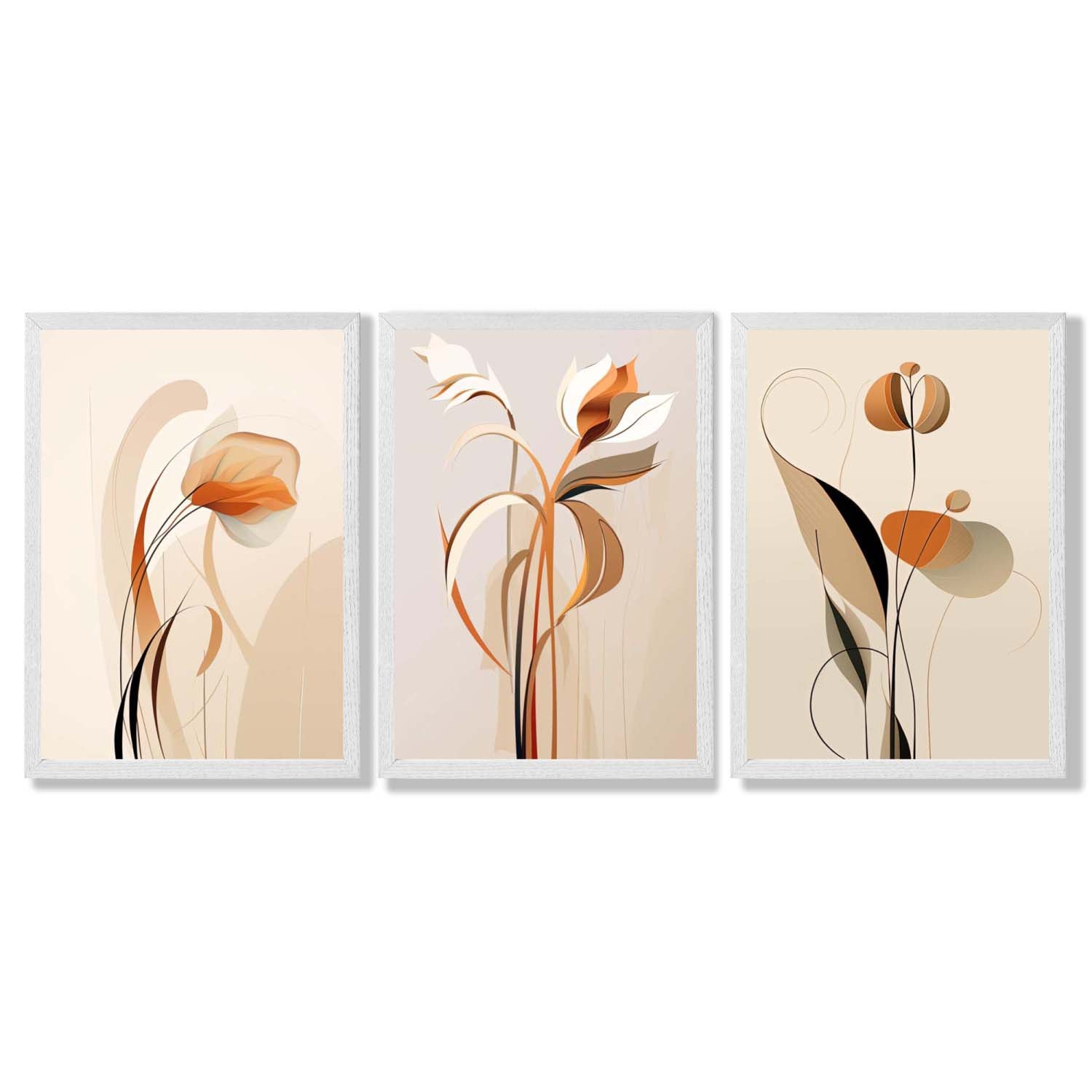 Art Deco Beige Orange Floral Set of 3 Framed Art Prints with White Wooden Frames
