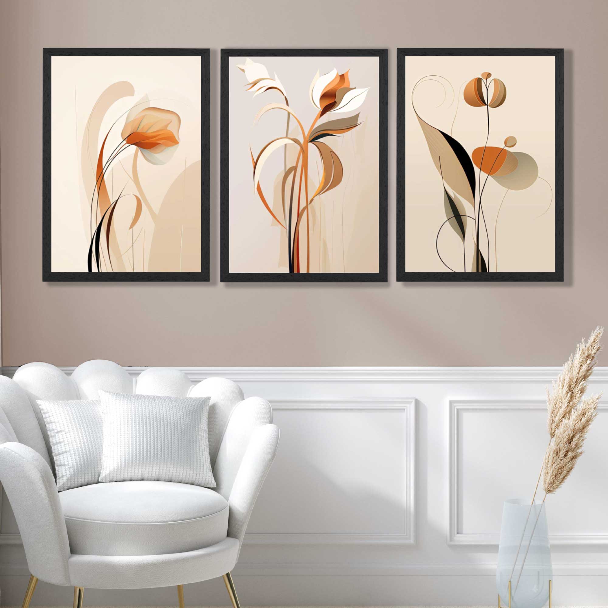 Art Deco Beige Orange Floral Set of 3 Art Prints in Luxury Frames | Artze UK